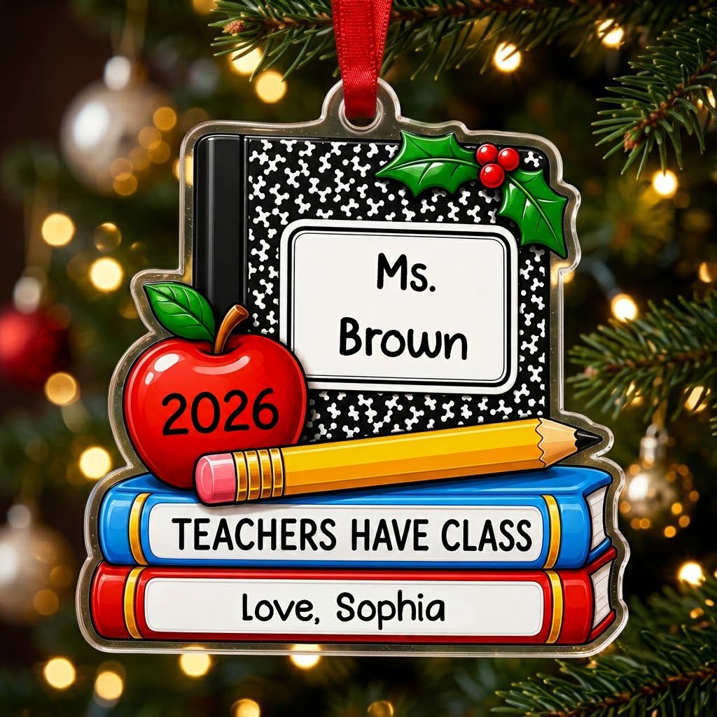 Personalized Teacher Composition Book Stack Acrylic Ornament, Custom School Appreciation Keepsake