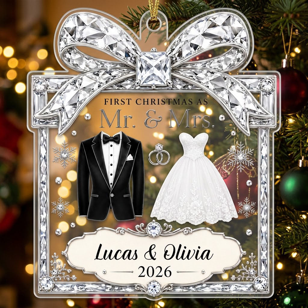 Clear acrylic gift-box ornament with jeweled bow, tuxedo jacket, wedding gown, silver rings and a silver banner.