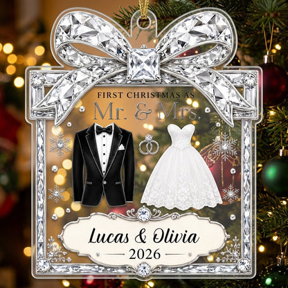 Clear acrylic gift-box ornament with jeweled bow, tuxedo jacket, wedding gown, silver rings and a silver banner.