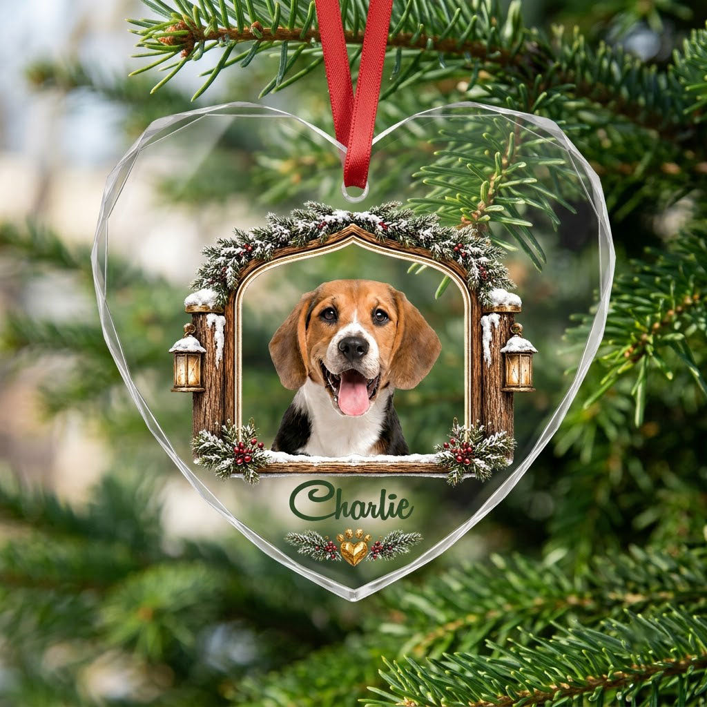 Personalized Dog Photo Rustic Window Lanterns Heart Glass Ornament