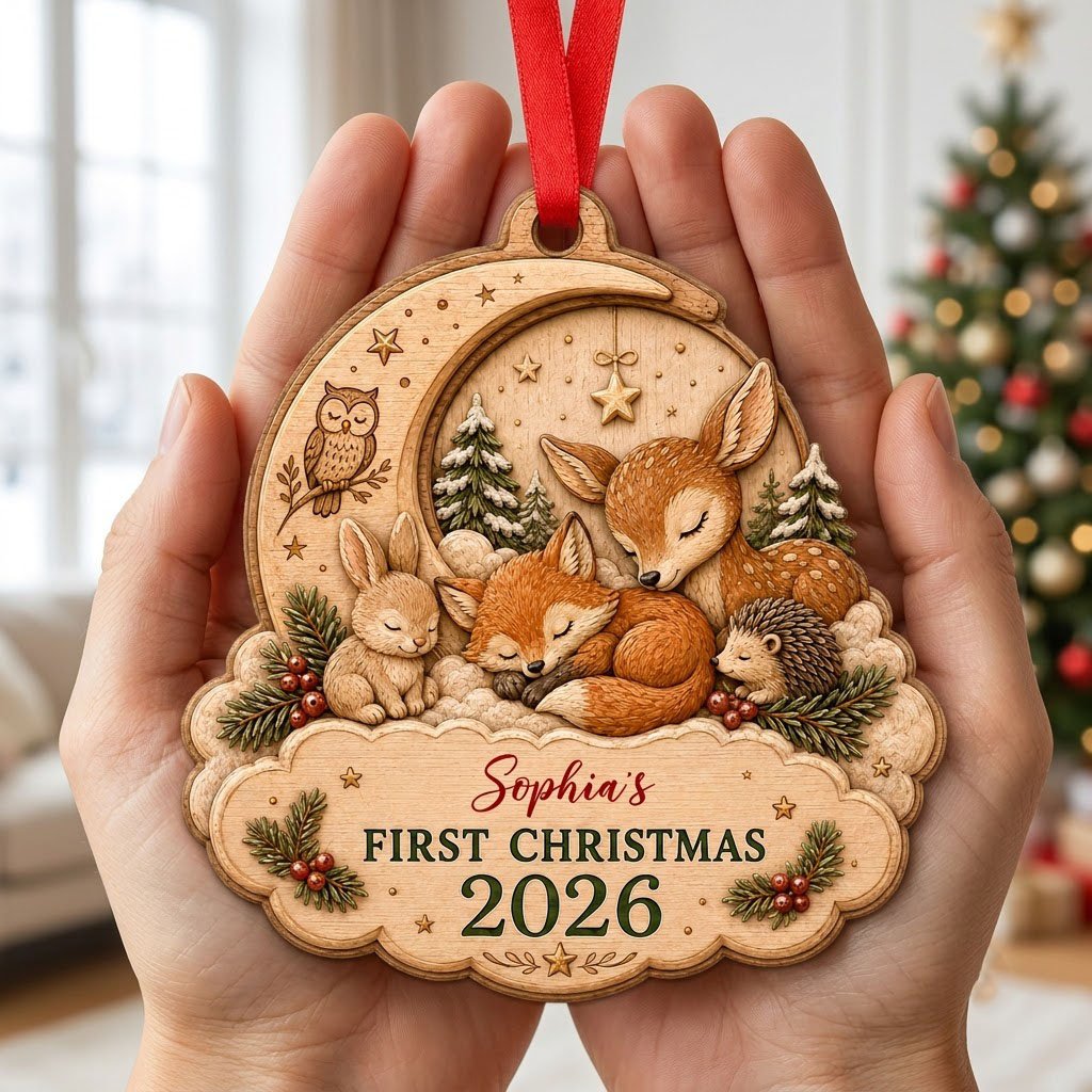 Personalized Woodland Animals Baby's First Christmas Wood Ornament, Custom Keepsake