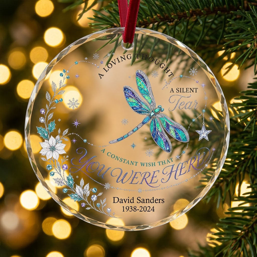 Personalized Dragonfly Memorial You Were Here Round Glass Ornament