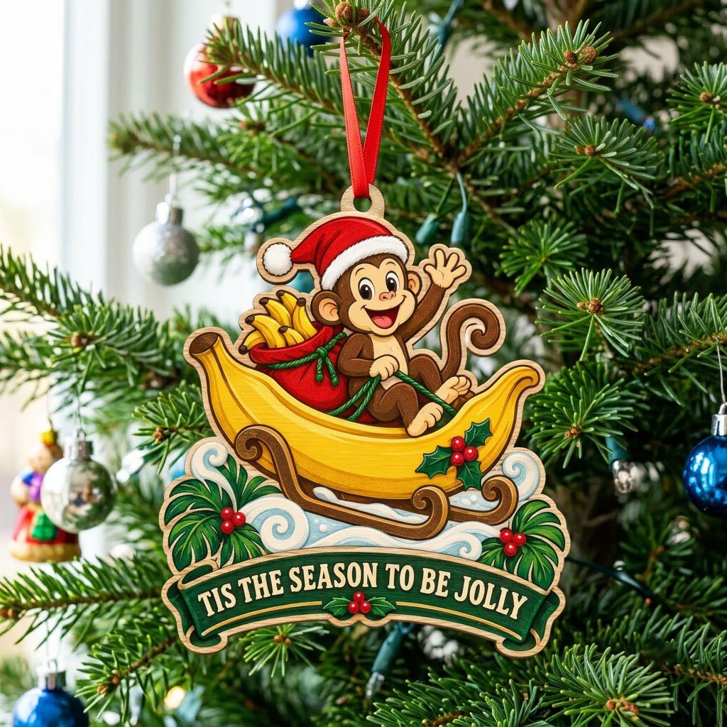 Custom-cut wood ornament with monkey in Santa hat riding a banana sleigh, banner reads TIS THE SEASON TO BE JOLLY.