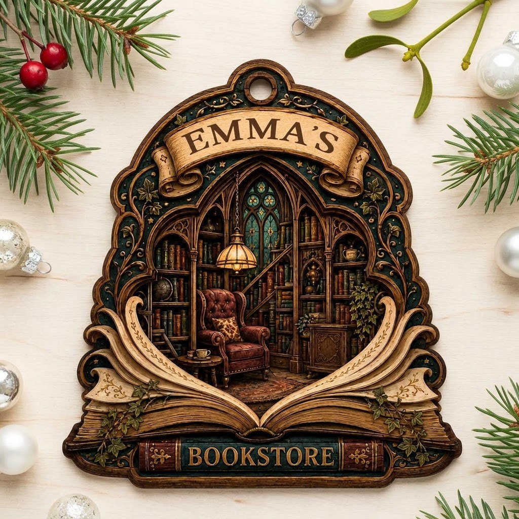 Arched wood ornament with an open-book frame, vintage library scene, ivy accents, and BOOKSTORE text with a personalized
