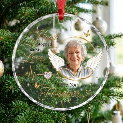 Round ornament with angel wings, photo circle, infinity symbol, heartbeat line to heart, and butterflies.