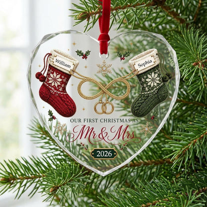 Heart glass ornament with red and green knit stockings, gold infinity loop with rings, Mr & Mrs text, names and date.