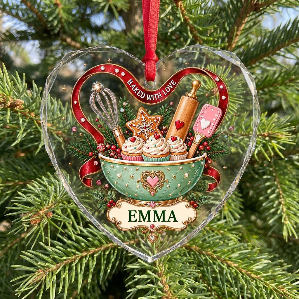 Heart stained glass suncatcher with mint mixing bowl, cupcakes, red ribbon, holly, and gold plaque BAKED WITH LOVE.