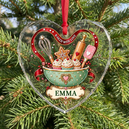 Heart stained glass suncatcher with mint mixing bowl, cupcakes, red ribbon, holly, and gold plaque BAKED WITH LOVE.