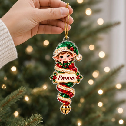 Acrylic angel and gingerbread ornaments with jeweled ribbons, heart or star name banners, and gold bells.