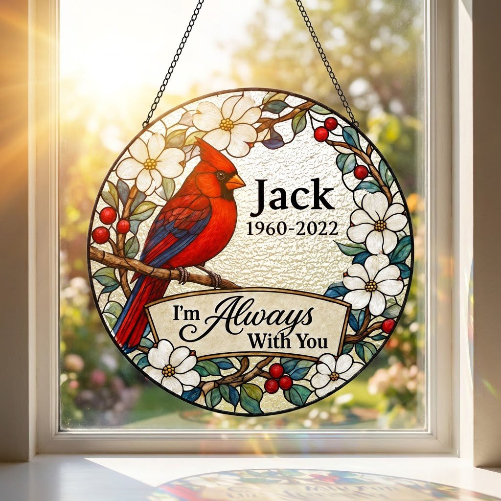 Round stained glass–style suncatcher with a red cardinal on a branch, white flowers, red berries, and a scroll banner.