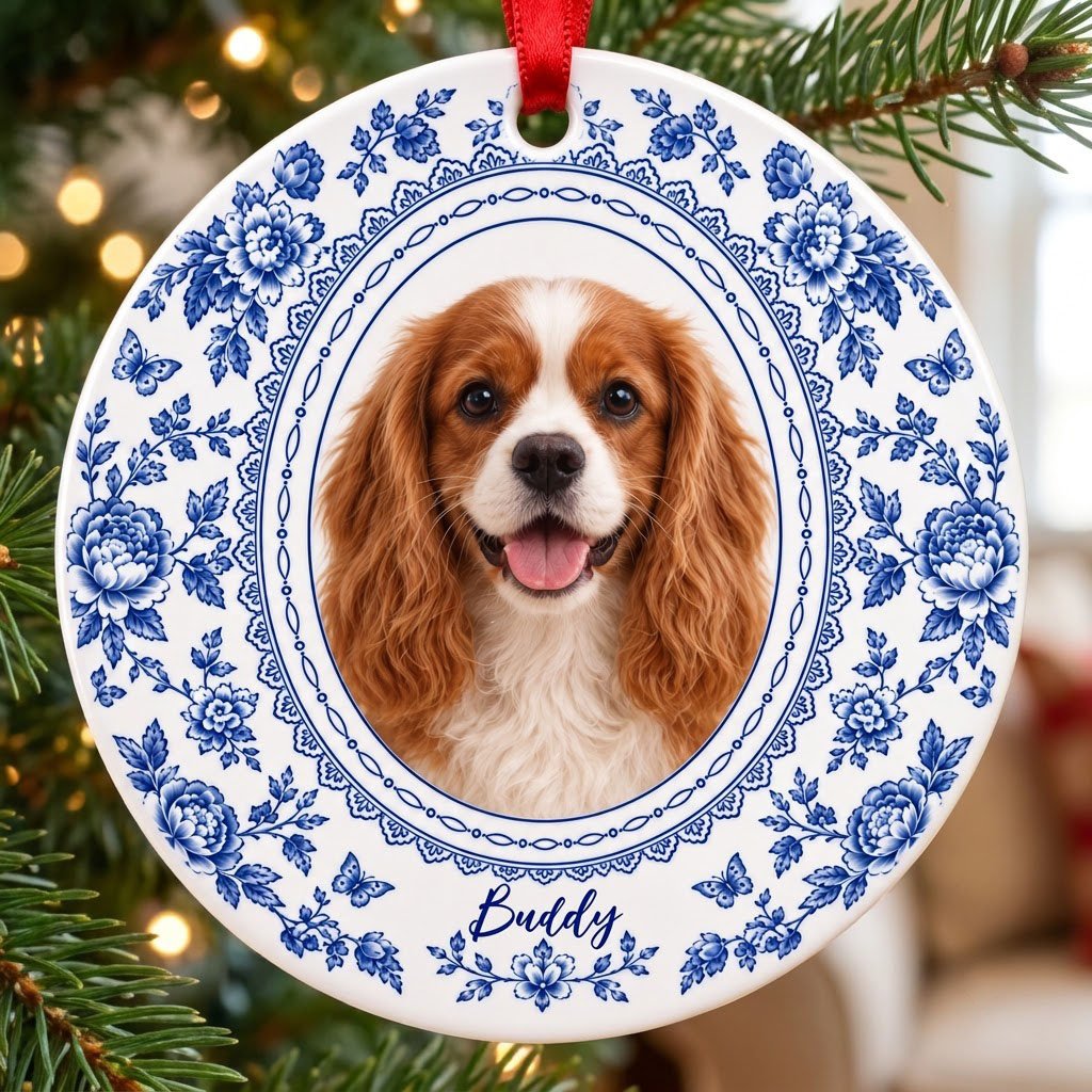Round white ceramic ornament with blue Delft floral and butterfly pattern around an oval dog photo and name.