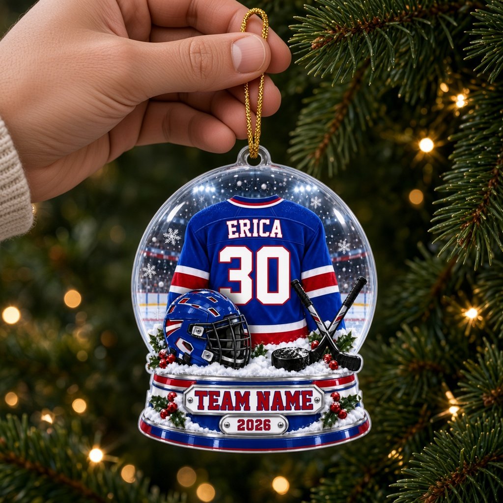 A custom-cut snow globe acrylic ornament with hockey jersey, helmet, crossed sticks, puck, and holly on the base.