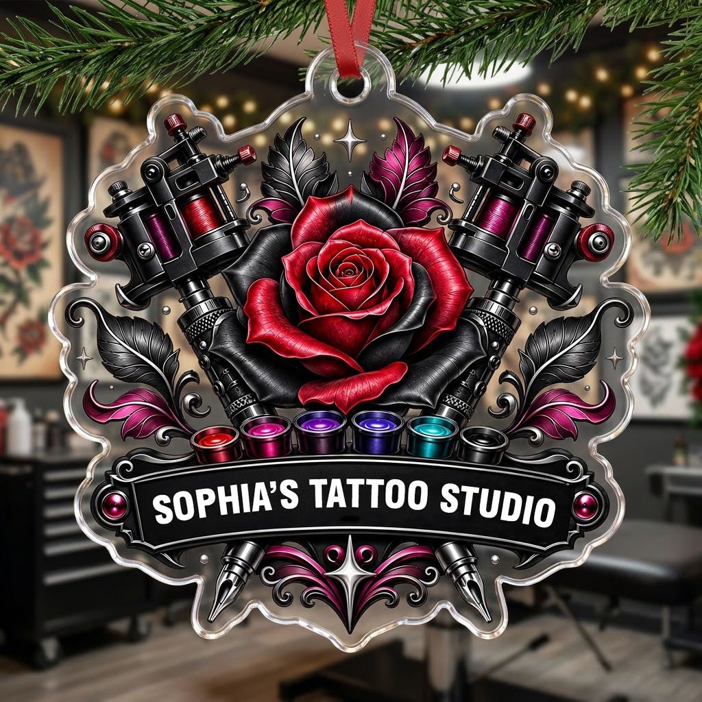 Clear acrylic ornament with red and black rose, crossed tattoo machines, caps, and SOPHIA'S TATTOO STUDIO text.