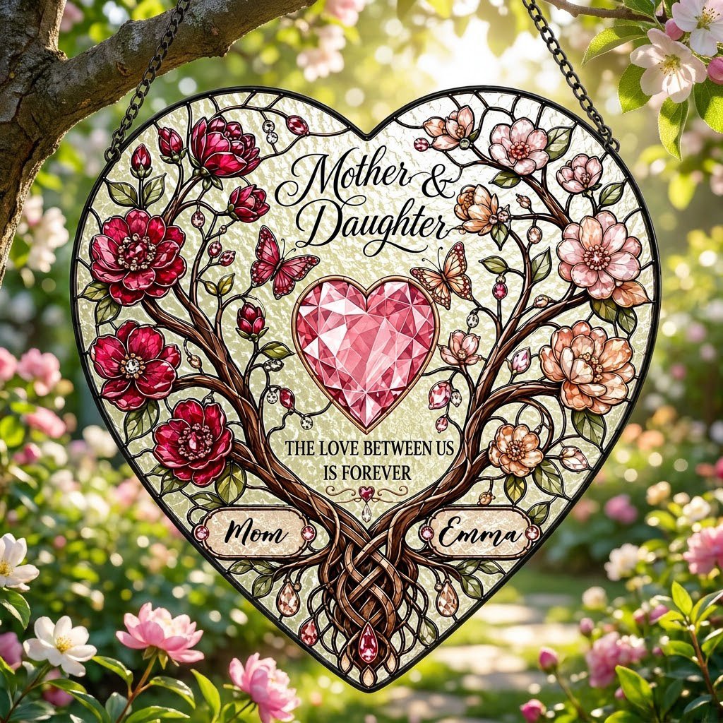 Heart-shaped stained-glass style suncatcher with intertwined trees, red and pink flowers, butterflies, and a pink gem he