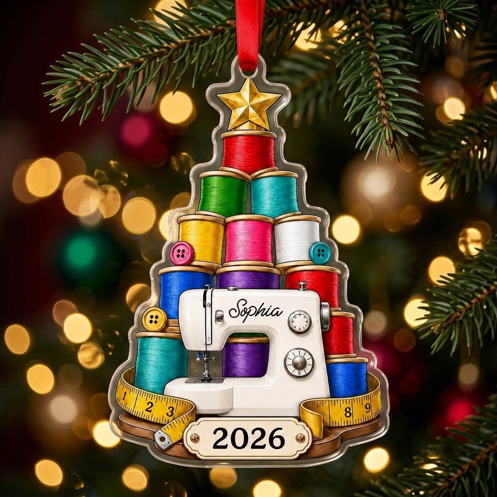 Personalized Sewing Tree Acrylic Ornament, Custom Seamstress Quilter Christmas Keepsake