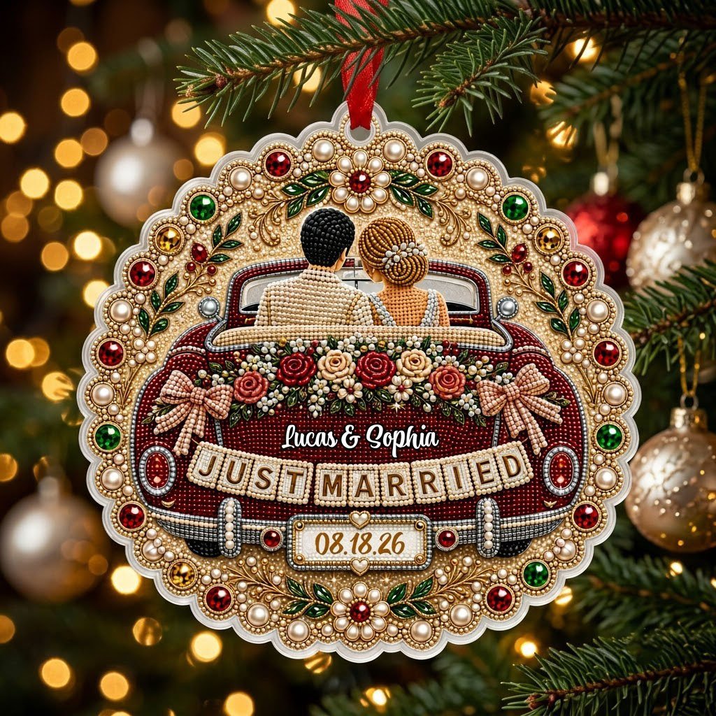 Personalized Just Married Vintage Car Scalloped Round Acrylic Ornament