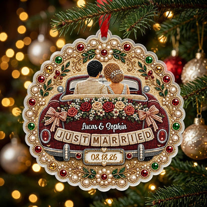 Personalized Just Married Vintage Car Scalloped Round Acrylic Ornament
