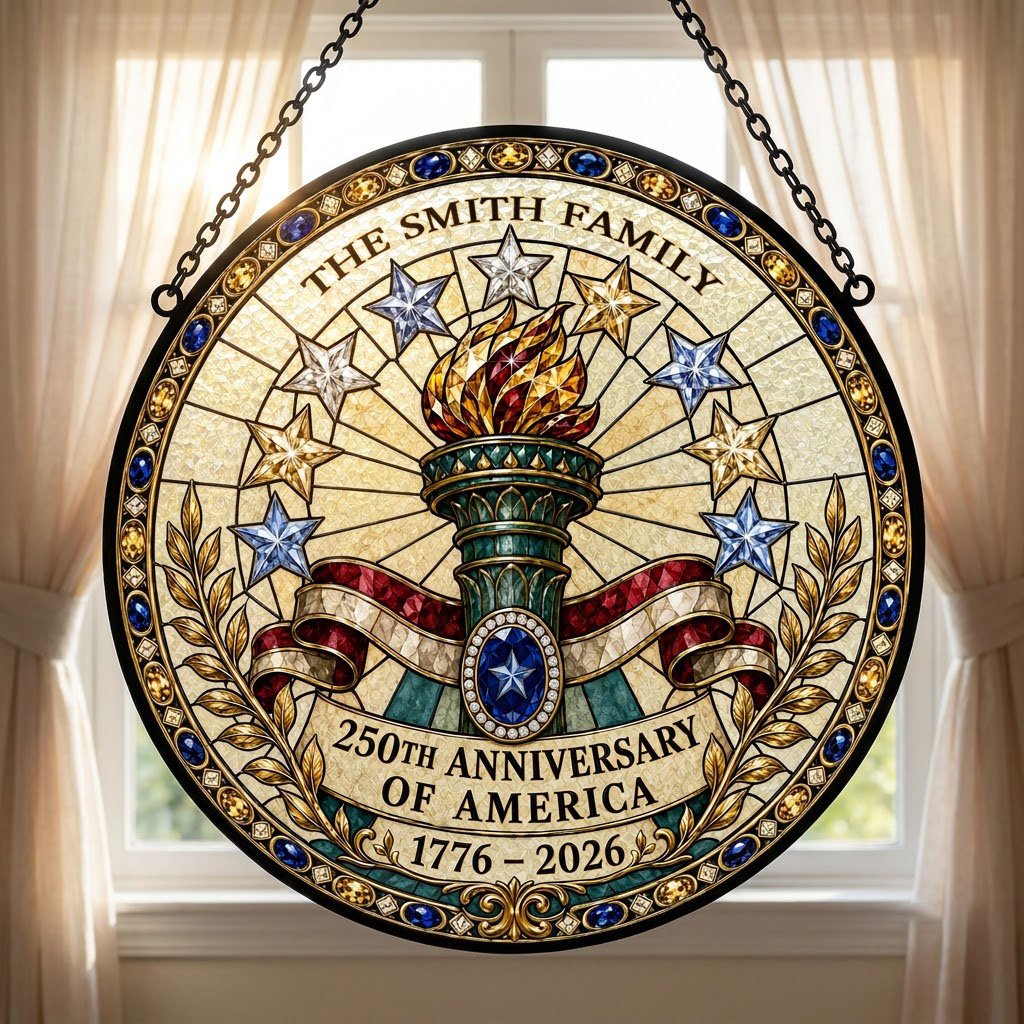 Round stained-glass suncatcher with Statue of Liberty torch, stars, ribbon, laurel, and 250th Anniversary text.