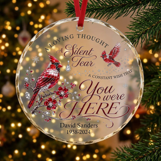 Personalized Red Cardinals Memorial A Loving Thought A Silent Tear Round Glass Ornament