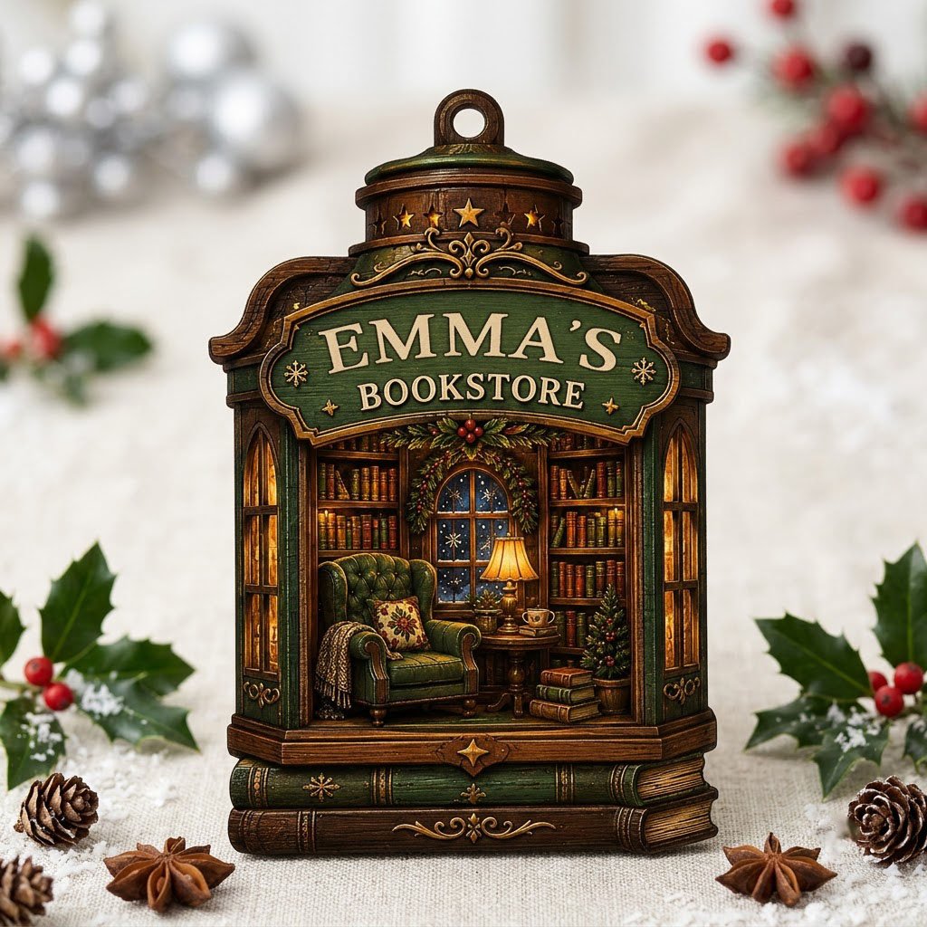 Custom-cut wood ornament like a vintage bookstore with a cozy library scene and a green BOOKSTORE sign.