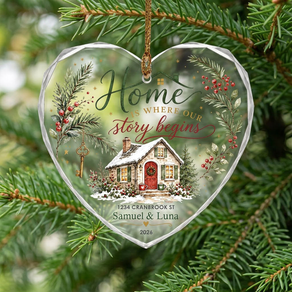 Personalized Home Is Where Our Story Begins Cottage Heart Glass Ornament