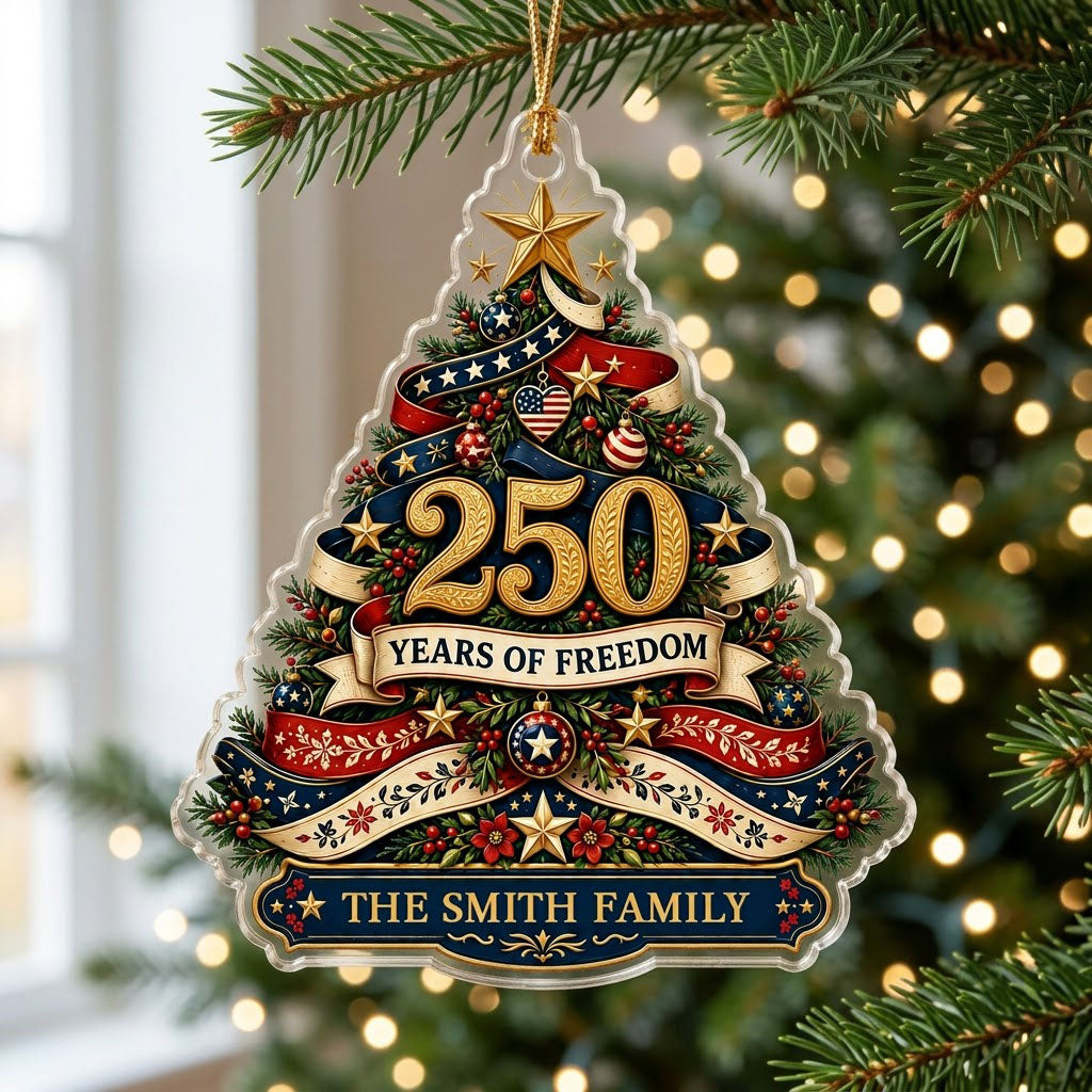 Personalized America 250th Christmas Tree Acrylic Ornament, Custom Patriotic Holiday Keepsake