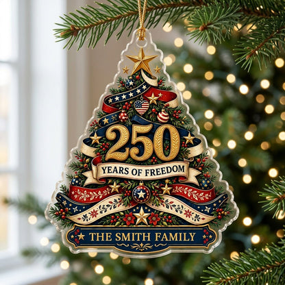 Personalized America 250th Christmas Tree Acrylic Ornament, Custom Patriotic Holiday Keepsake