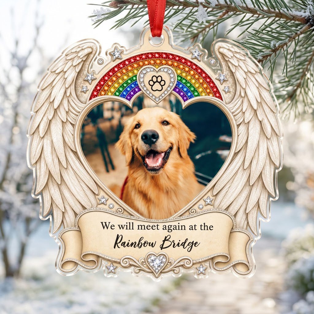 Acrylic ornament with angel wings, heart photo frame, rainbow arch, jeweled paw-print heart and bottom scroll.