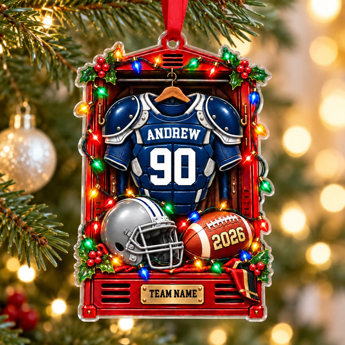 Red locker acrylic ornament with blue-and-white football jersey, silver helmet, football, lights and holly.