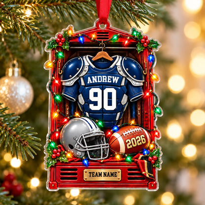 Red locker acrylic ornament with blue-and-white football jersey, silver helmet, football, lights and holly.