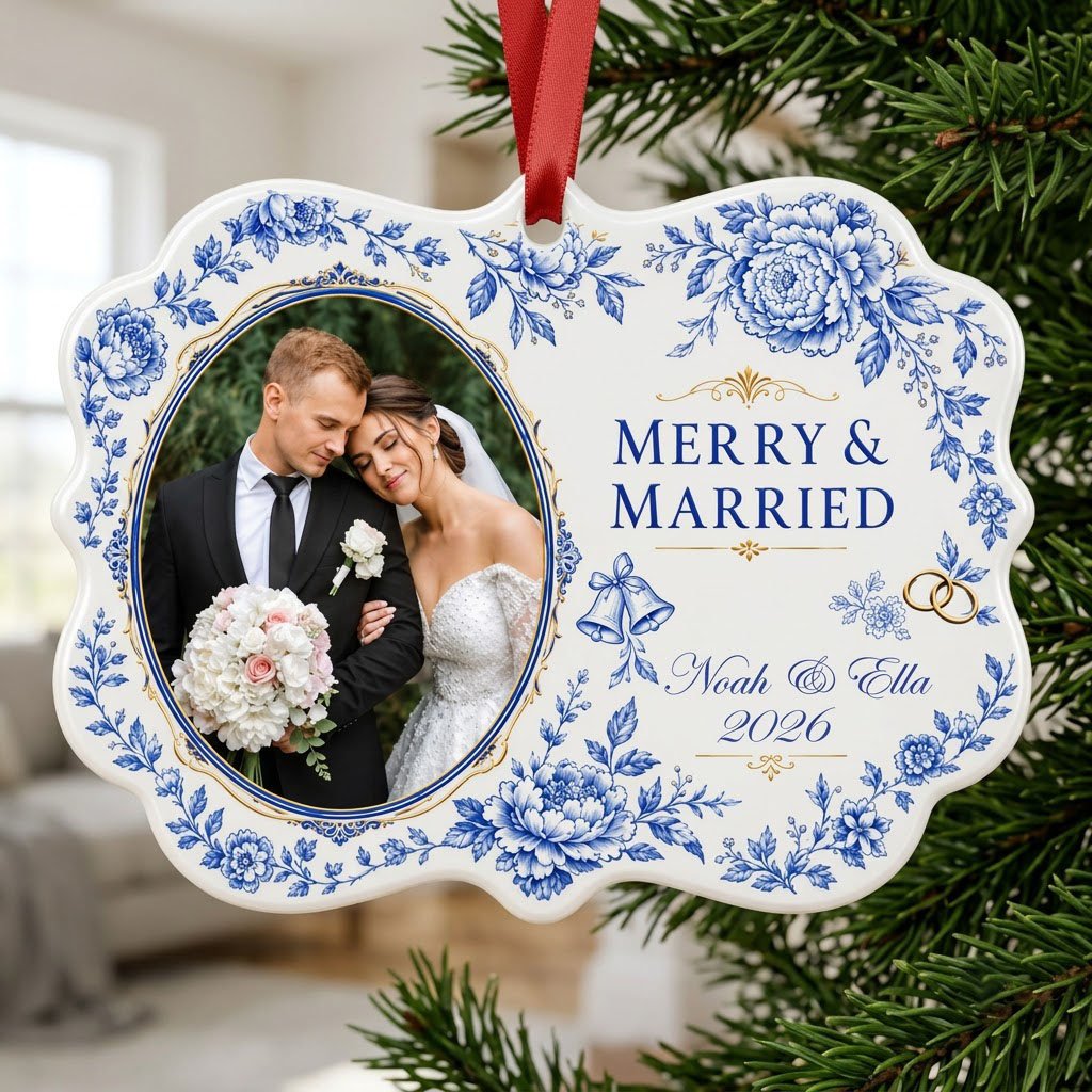 Scalloped ceramic ornament with blue floral border, 'MERRY & MARRIED', gold rings and bells, and a couple photo frame.
