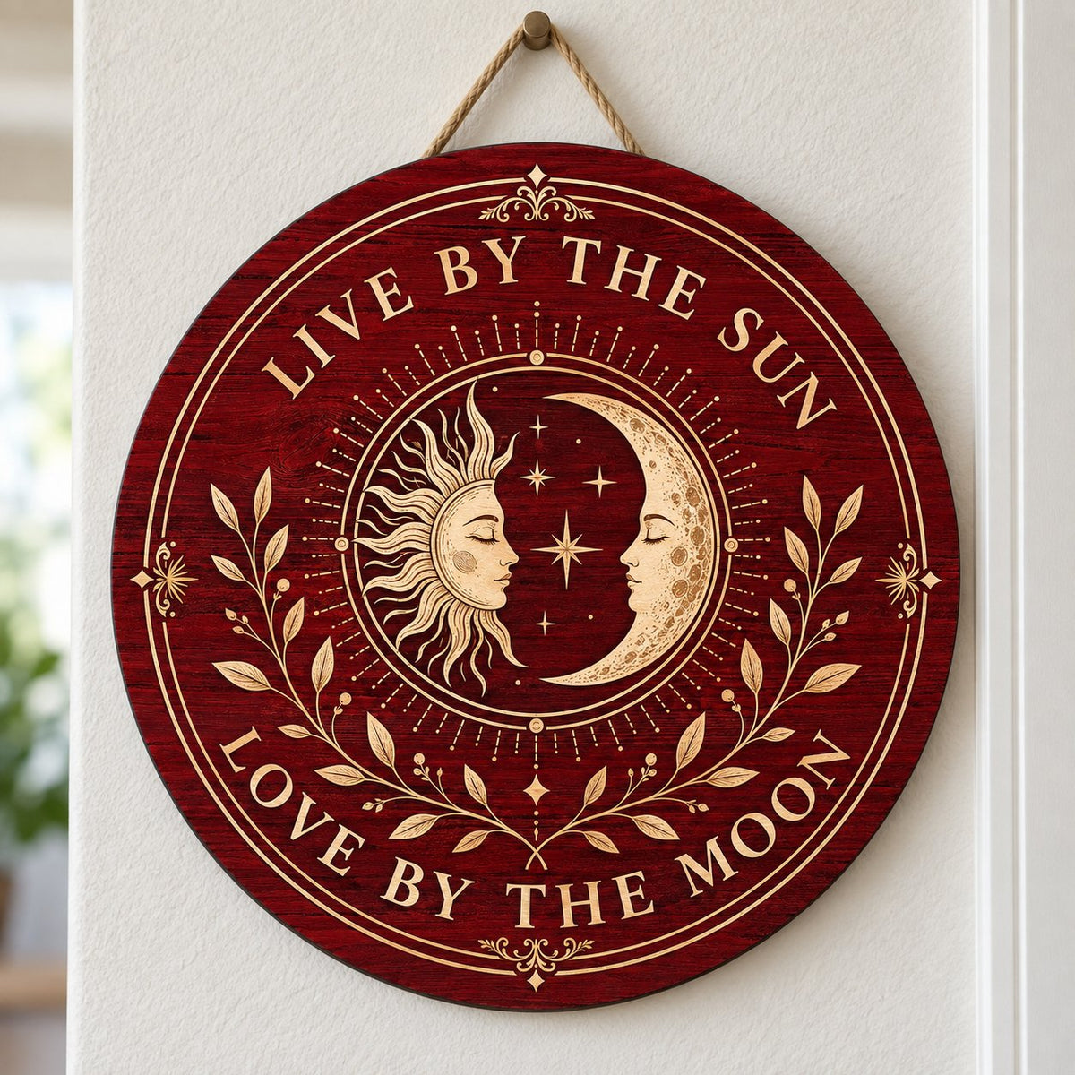 Round wooden sign with sun and crescent moon faces, stars, vines, and the quote Live by the Sun, Love by the Moon.