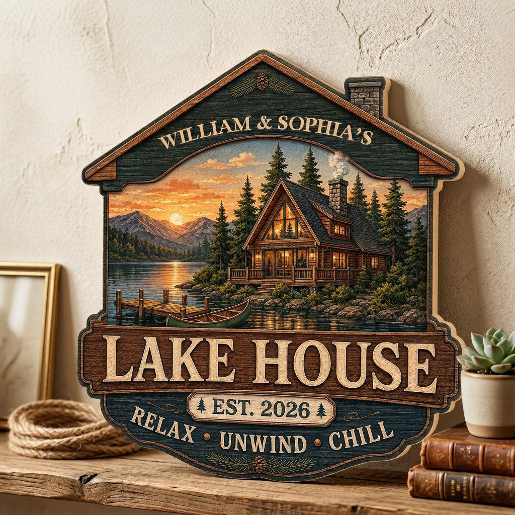Personalized Lake House Cabin Roof Sunset Wooden Hanging Sign