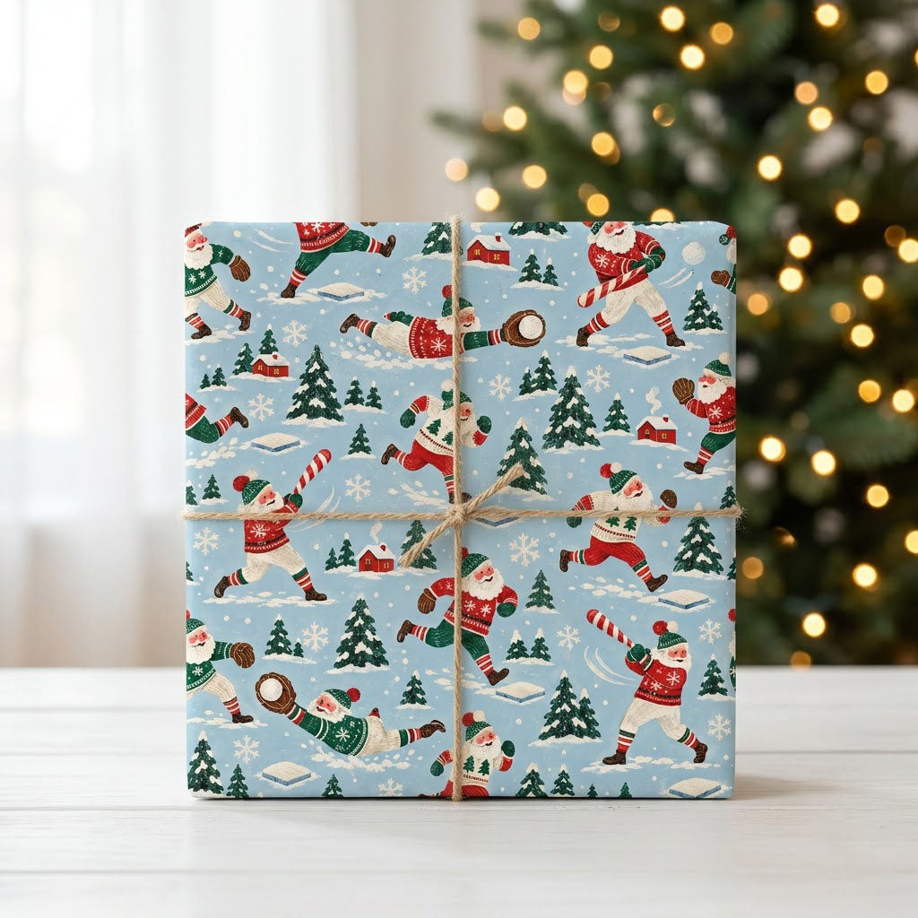 Light blue wrapping paper with Santa playing baseball, pine trees, small red houses, bases, and snowflakes in a repeatin