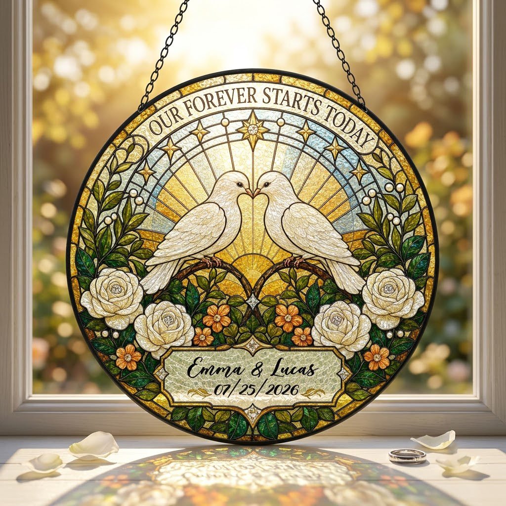 Personalized Wedding Doves Our Forever Starts Today Floral Stained Glass Round Suncatcher