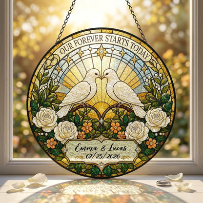 Personalized Wedding Doves Our Forever Starts Today Floral Stained Glass Round Suncatcher