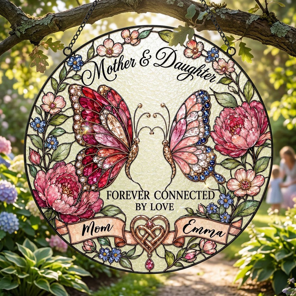 Round stained-glass style suncatcher with two butterflies, pink peonies and a ribbon banner for Mother & Daughter.