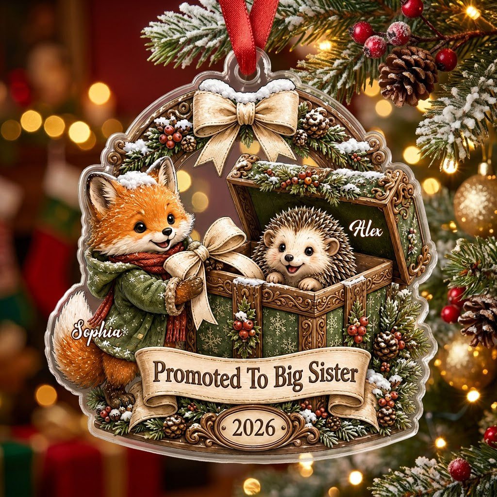 Custom-cut acrylic ornament: fox in jacket, hedgehog in box, pine arch and Promoted To Big Sister banner.