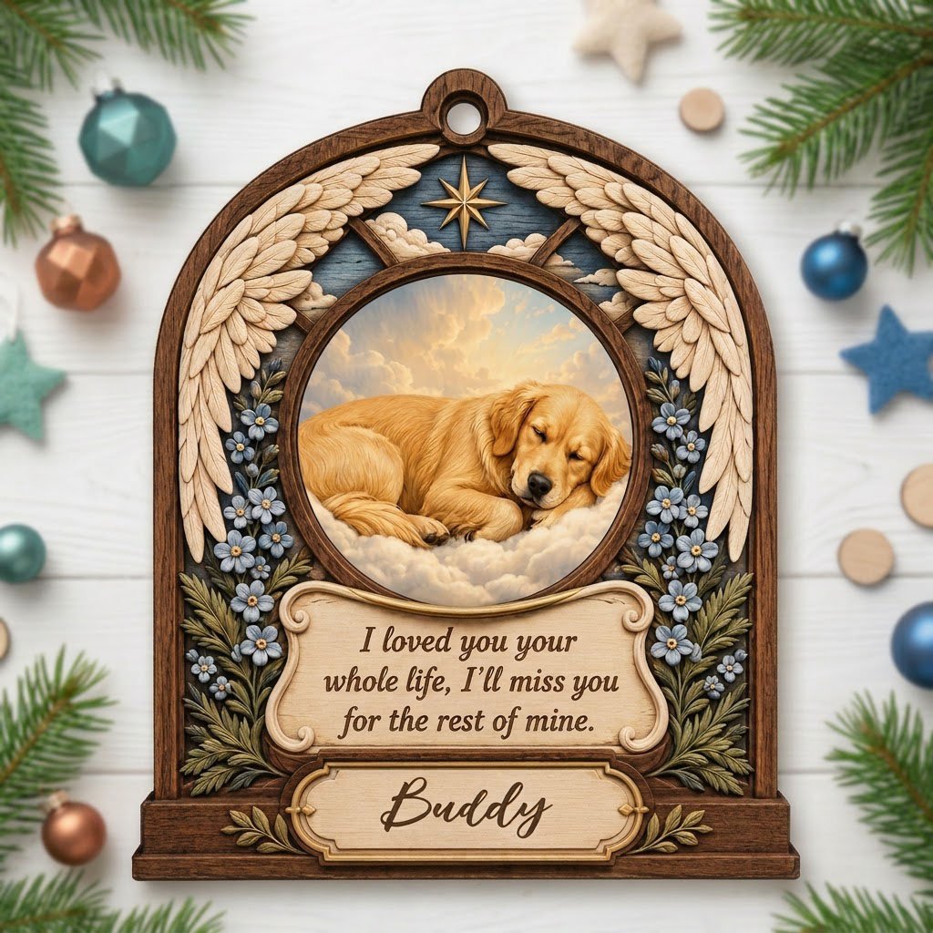 Arch wood ornament with angel wings, star, forget-me-not flowers, and a circular pet photo slot in the center.