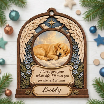 Arch wood ornament with angel wings, star, forget-me-not flowers, and a circular pet photo slot in the center.