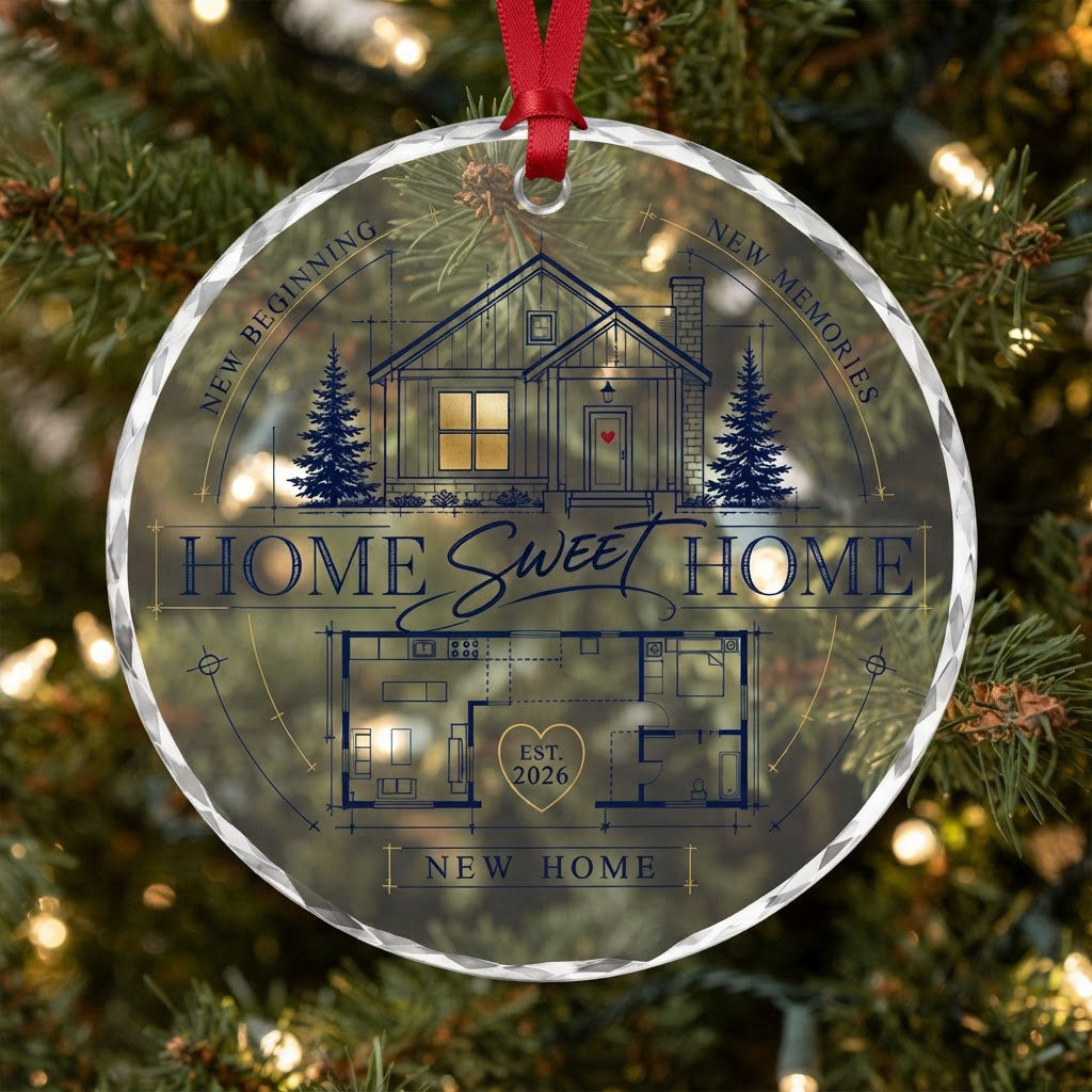 Personalized Home Sweet Home Blueprint Floor Plan Round Glass Ornament