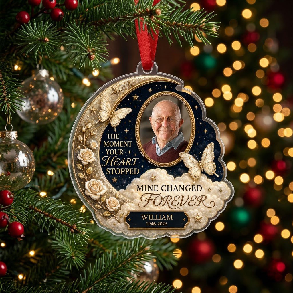 Personalized Golden Butterfly Crescent Moon Photo Memorial Acrylic Ornament