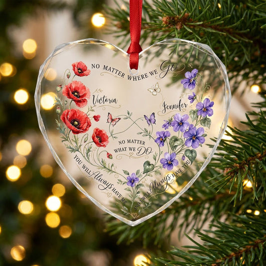 Faceted heart glass ornament with red poppies, purple violets, three butterflies, and two personalized names.