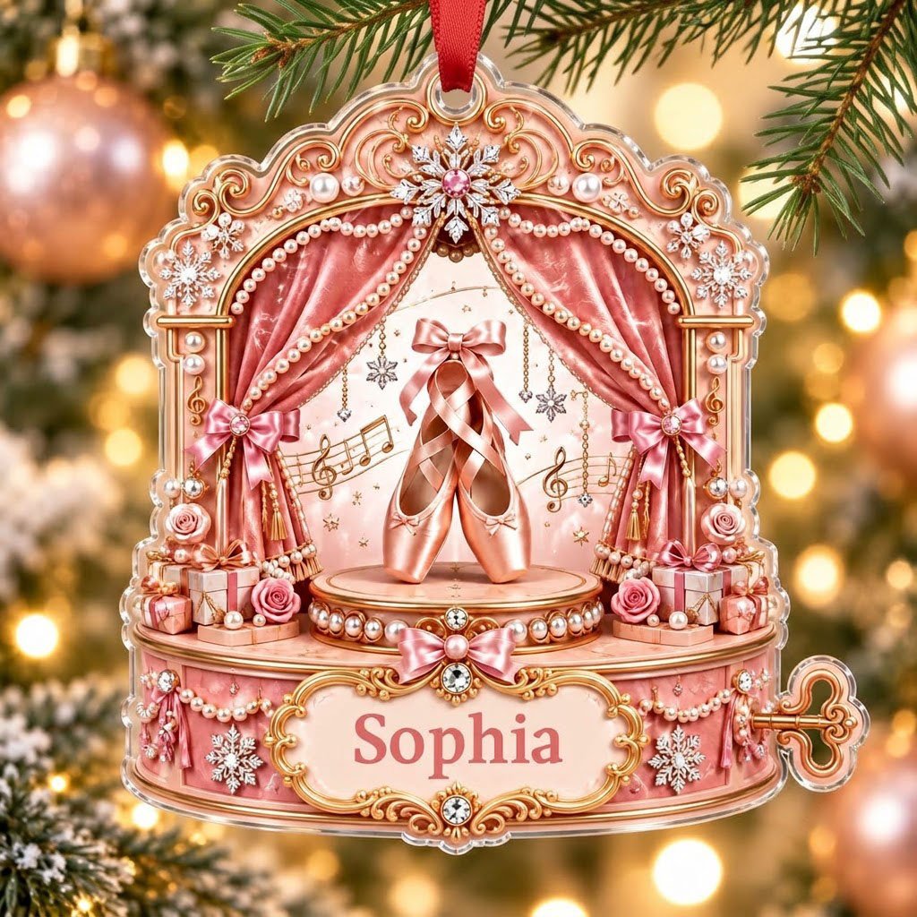 Pink ballet music box ornament with pointe shoes, velvet curtains, pearls, snowflakes, and a name plaque.