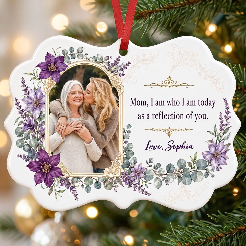 Gold frame photo with purple clematis and the quote 'Mom, I am who I am today as a reflection of you.'