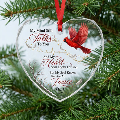 Personalized Flying Cardinal Memorial My Mind Still Talks To You Heart Glass Ornament