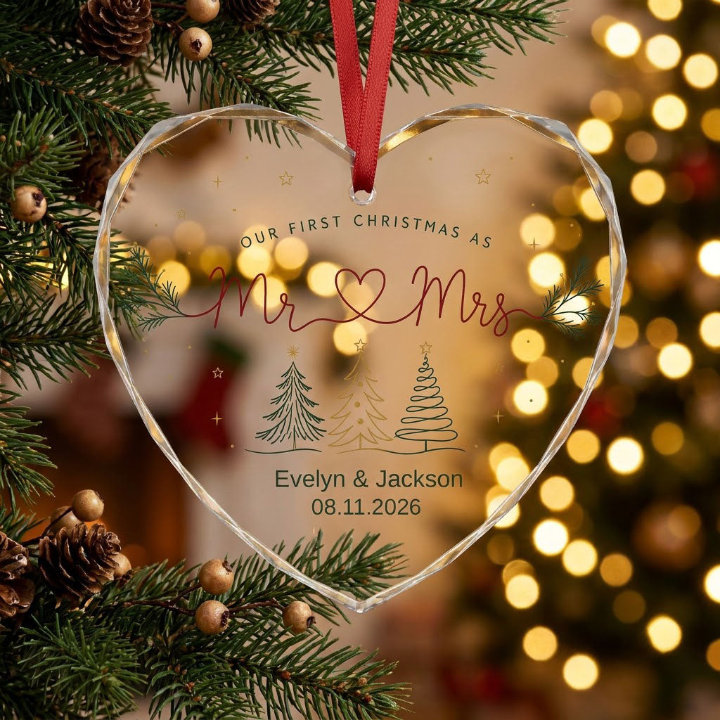 Personalized Our First Christmas as Mr & Mrs Minimalist Trees Heart Glass Ornament