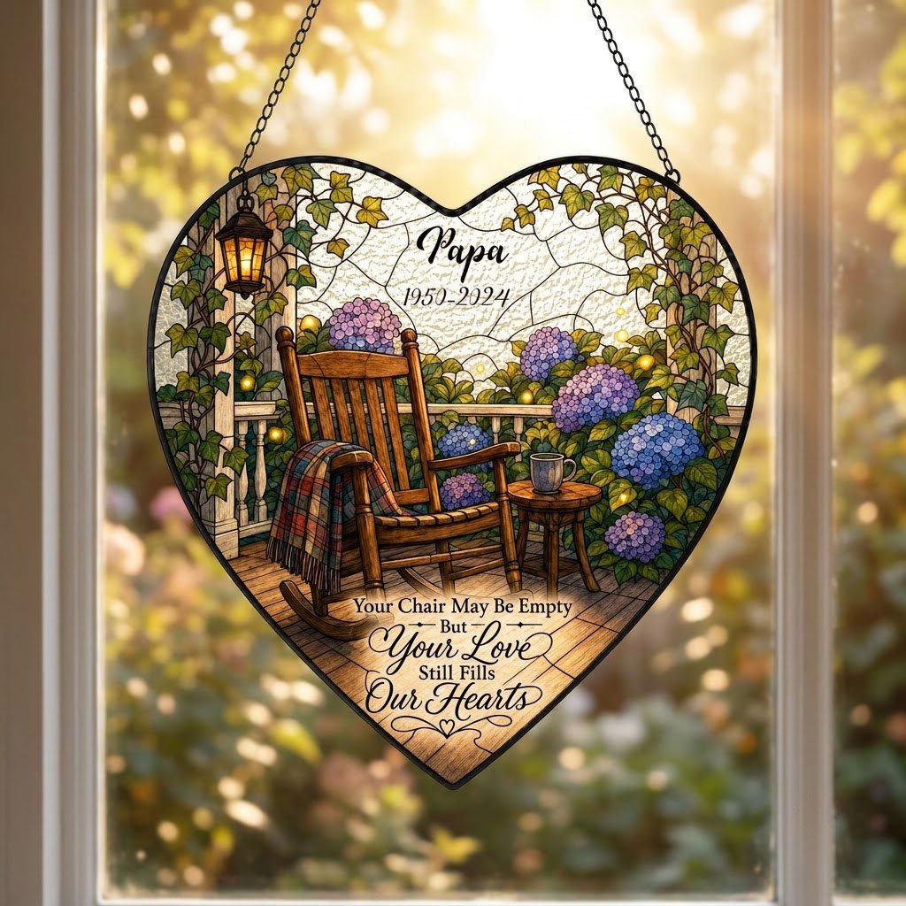 Heart stained glass suncatcher with empty porch rocking chair, lantern, ivy, and purple and blue hydrangea bushes.