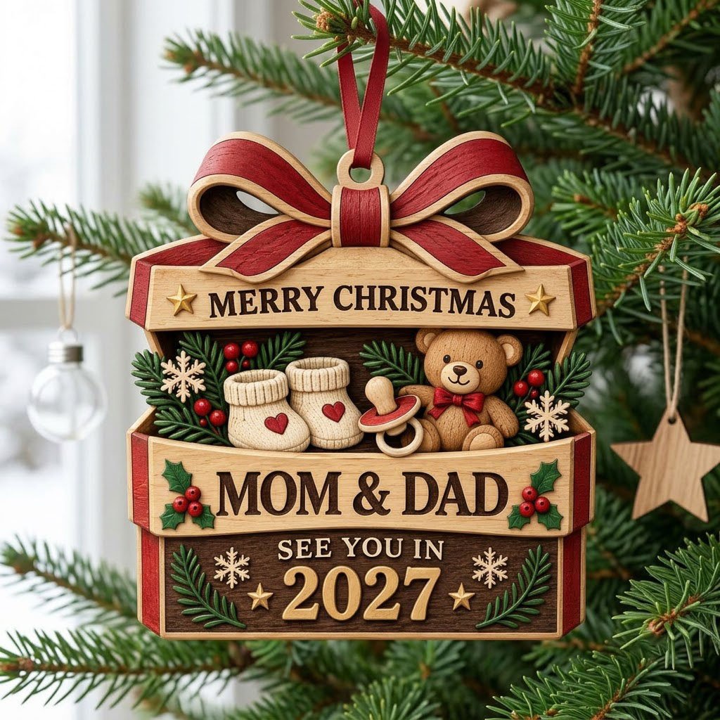 Gift box-shaped wood ornament with red bow, baby booties, teddy bear, and 'Mom & Dad See You In 2027' text.