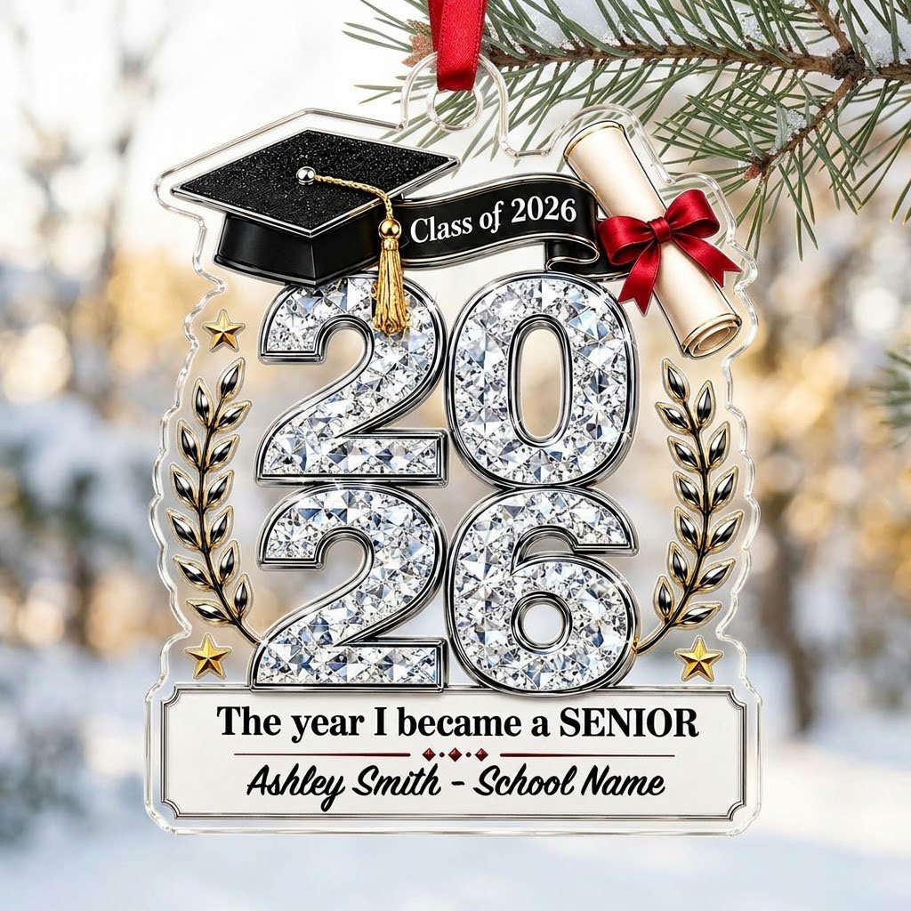 Custom-cut clear acrylic ornament shaped like a graduation cap with Class of 2026, diploma, laurels, and name plaque.